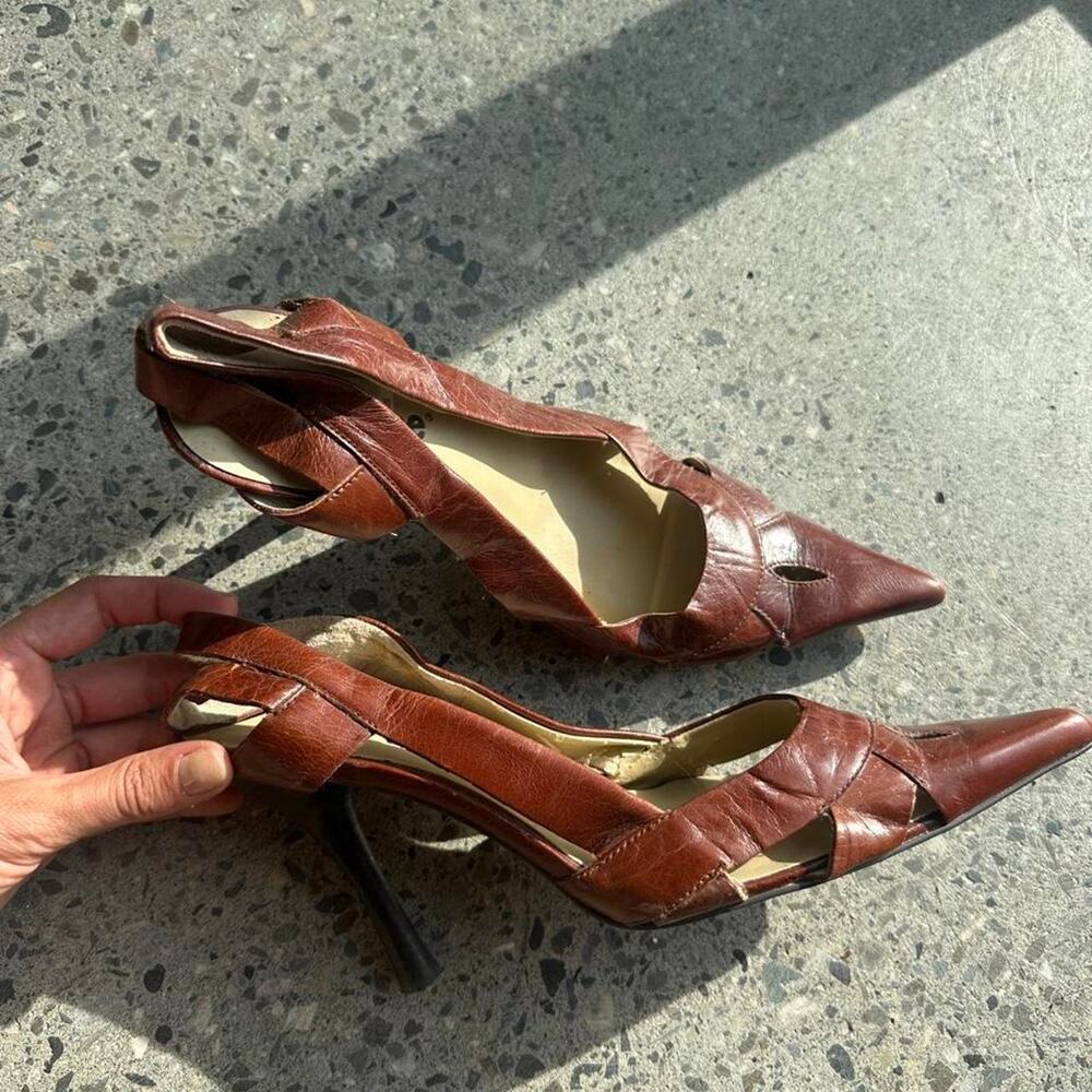 Vintage Dollhouse Brown Leather Woven Pumps 9 Heels